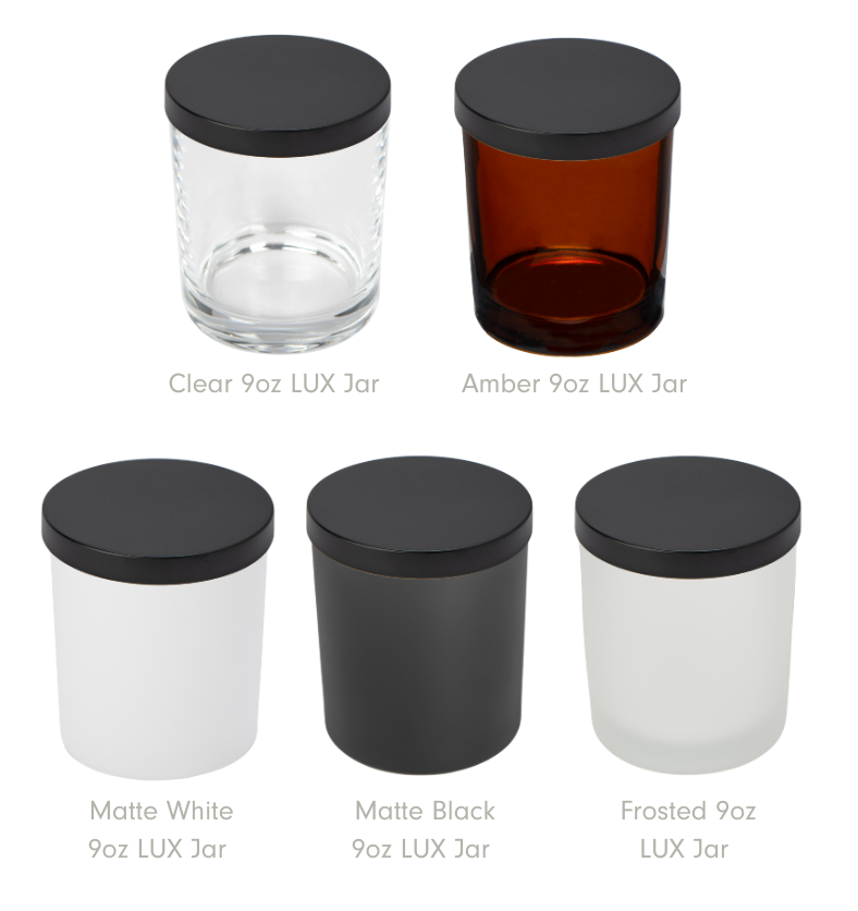 Five 9oz LUX Jars in different colors (Clear, Amber, Matte White, Matte Black, Frosted) each topped with a 3-inch Matte Black LUX Metal Lid. || Cinq Pots LUX 9oz de différentes couleurs (Transparent, Ambré, Blanc Mat, Noir Mat, Givré) chacun coiffé d'un Couvercle Métallique LUX Noir Mat 3 pouces.