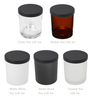Five 9oz LUX Jars in different colors (Clear, Amber, Matte White, Matte Black, Frosted) each topped with a 3-inch Matte Black LUX Metal Lid. || Cinq Pots LUX 9oz de différentes couleurs (Transparent, Ambré, Blanc Mat, Noir Mat, Givré) chacun coiffé d'un Couvercle Métallique LUX Noir Mat 3 pouces.
