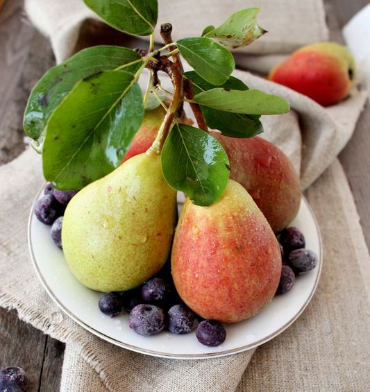  Bol de mûres et de fraises avec des poires sur le côté comme représentation visuelle de l'huile parfumée de poire disponible chez Village Craft and Candle