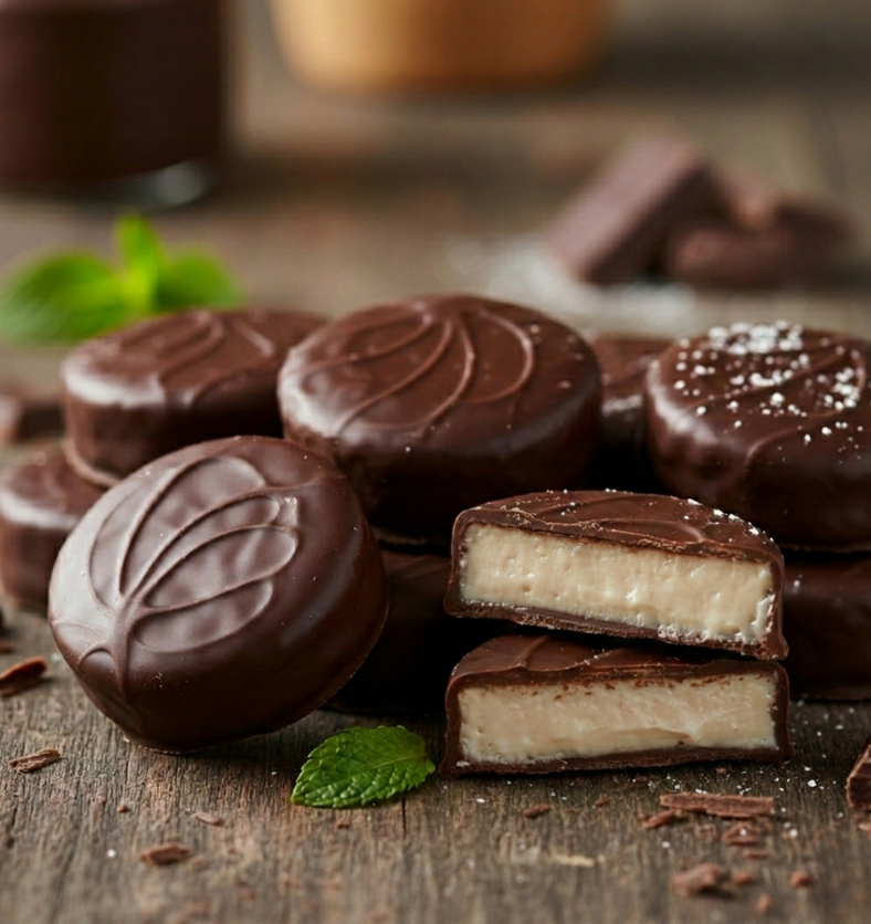 Dark chocolate covered mint patties with a creamy white fondant center to represent Peppermint Patty Fragrance Oil. 