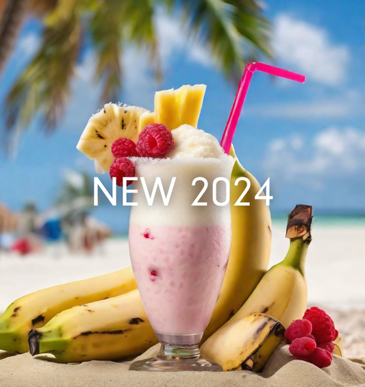 A pink pina colada on a beach with bananas, raspberries, and palm trees in the background with the words "NEW 2024" embossed in the foreground as a visual representation of Pina Colada Fragrance Oil available at Village Craft and Candle 