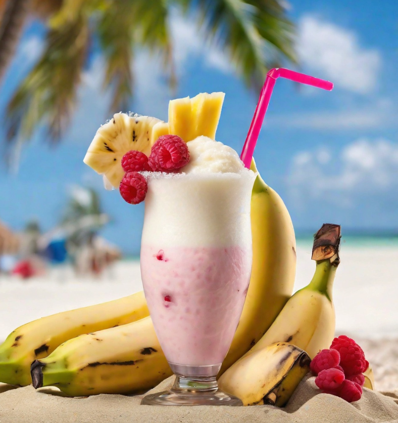 A pink pina colada on a beach with bananas, raspberries, and palm trees in the background with the words "NEW 2024" embossed in the foreground as a visual representation of Pina Colada Fragrance Oil available at Village Craft and Candle || Une pina colada rose sur une plage avec des bananes, des framboises et des palmiers en arrière-plan avec les mots « NEW 2024 » en relief au premier plan comme représentation visuelle de l'huile parfumée Pina Colada disponible chez Village Craft and Candle.
