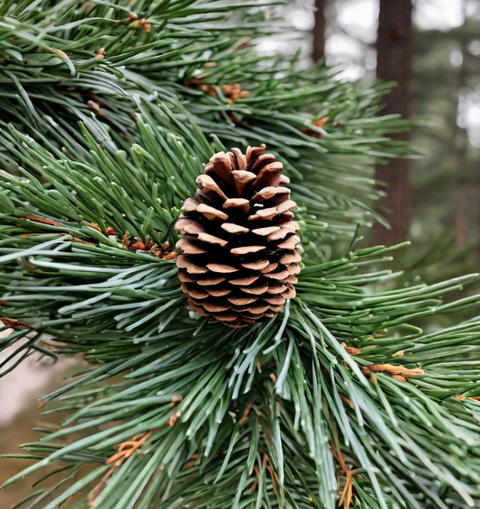  Cône de pin sur un pin dans la forêt d'hiver comme représentation visuelle de l'huile parfumée de pin disponible chez Village Craft and Candle