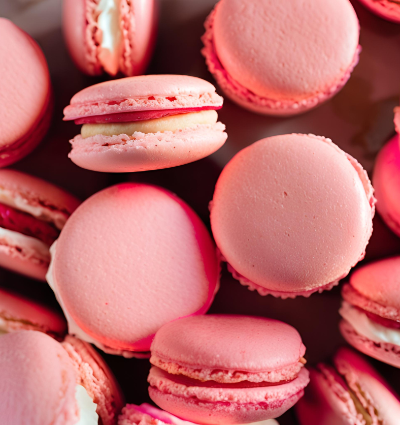 Pink Macaroons stacked on top of one another as a visual representation of Pink Macaroon Fragrance Oil available at Village Craft and Candle || Macarons roses empilés les uns sur les autres comme représentation visuelle de l'huile parfumée de macaron rose disponible chez Village Craft and Candle.