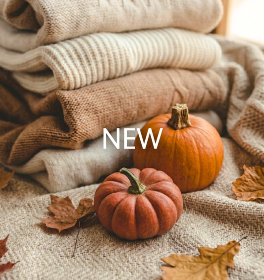 Stack of beige and brown sweaters with pumpkins and leaves on a textured surface, featuring the word 'NEW'.