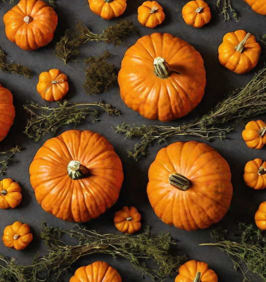Minature pumpkins arranged with bundles of thyme as a visual representation of Pumpkin Thyme Fragrance Oil available at Village Craft and Candle 