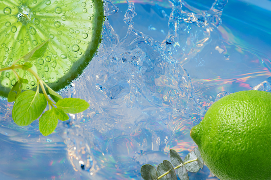 Limes in the foreground of a shimmering watery blue background as a visual representation of Refresh Essential Oil Blend available at Village Craft and Candle 