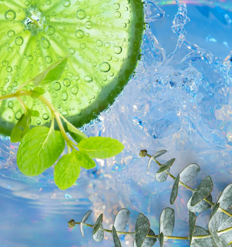 Limes in the foreground of a shimmering watery blue background as a visual representation of Refresh Essential Oil Blend available at Village Craft and Candle || Limes au premier plan sur un fond bleu aqueux chatoyant comme représentation visuelle du mélange d'huiles essentielles Refresh disponible chez Village Craft and Candle