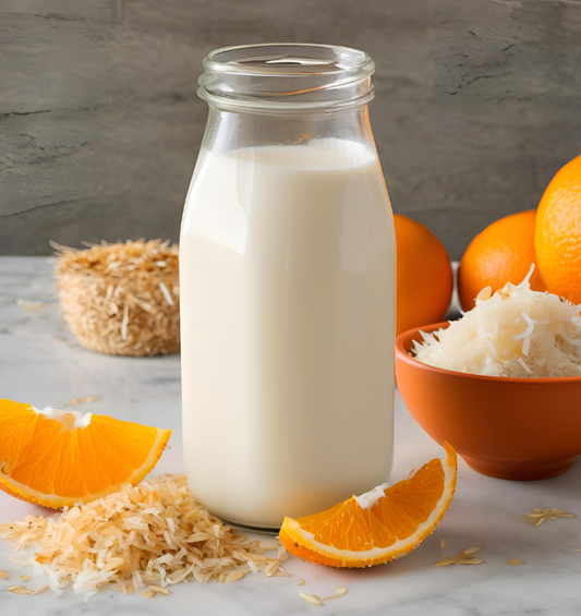  Bouteilles de lait de riz avec du riz éparpillé autour de la base, écorces d'orange comme représentation visuelle du lait de riz et de l'huile parfumée de Santal disponibles chez Village Craft and Candle