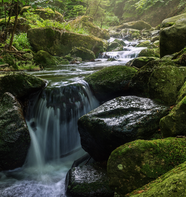 Waterfall flowing over mossy rocks as a visual representation of River Stone Fragrance Oil available at Village Craft and Candle || Cascade coulant sur des rochers moussus comme représentation visuelle de l'huile parfumée River Stone disponible chez Village Craft and Candle