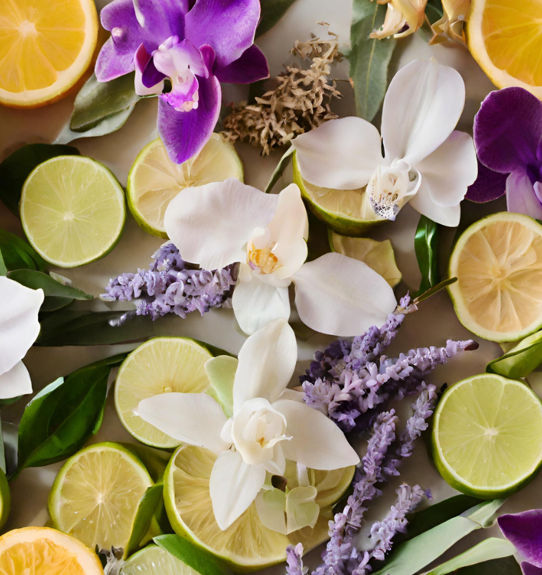 Image of sliced lemons, orchid blooms & lavender springs to represent Village Craft & Candle's Savage Fragrance Oil || Image de tranches de citron, fleurs d'orchidée et brins de lavande pour représenter l'huile parfumée Savage de Village Craft & Candle