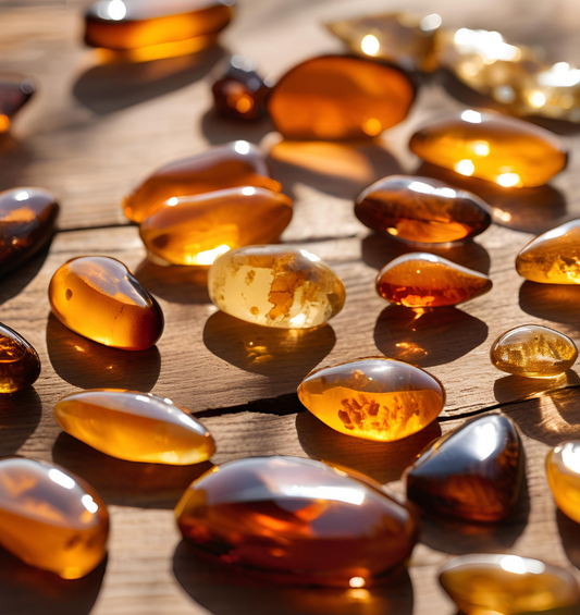 Amber pieces on a table as a visual representation of Sensual Amber Fragrance Oil available at Village Craft and Candle 