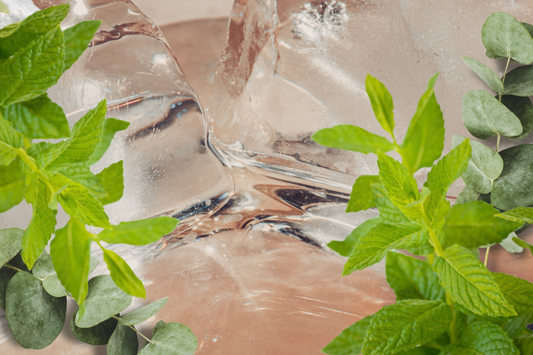  Fond plastique rose avec des feuilles vertes au premier plan comme représentation visuelle du mélange d'huiles essentielles Serenity disponible chez Village Craft and Candle.
