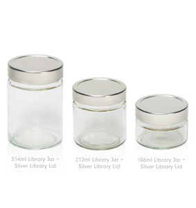 314ml library jar with silver, copper and black lids