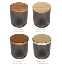 

Load image into Gallery viewer, Modern 10oz TERRA Glass Jar Elevates Candle Collection: Sleek Design in Matte &amp; Glossy White/Black, Linen, Tapioca, Clay, Sage, Silver Cloud &amp; Smoke.

