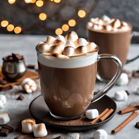 A mug of hot chocolate with many toasted marshmallows on top, surrounded by cinnamon, chocolate, and other marshmallows as a visual representation of Spiced Hot Cocoa Fragrance Oil available at Village Craft and Candle 