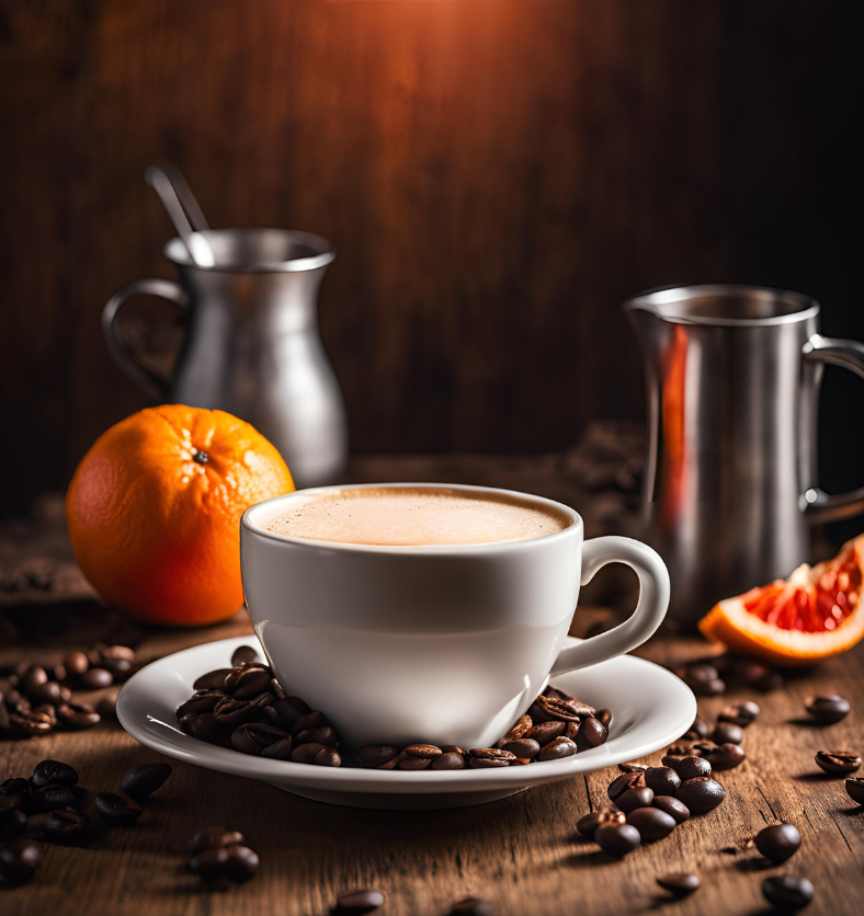 Image of a cup of espresso surrounded by coffee beans with a slice of orange in the background to represent Village Craft & Candle's Sunday Morning Espresso Fragrance Oil || Image d'une tasse d'espresso entourée de grains de café, avec une tranche d'orange en arrière-plan, représentant l'huile parfumée Sunday Morning Espresso de Village Craft & Candle.