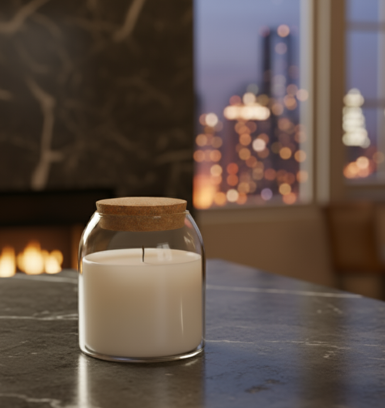 Finished candle in a 13oz apothecary jar with a cork lid sitting on a dark marble countertop. A glowing fireplace is on the left, and a blurred nighttime cityscape is visible through the window in the background. || Chandelle finie dans un pot apothicaire de 13 oz avec couvercle en liège posé sur un comptoir en marbre foncé. Une cheminée allumée est à gauche, et une ville floue illuminée la nuit est visible par la fenêtre en arrière-plan.