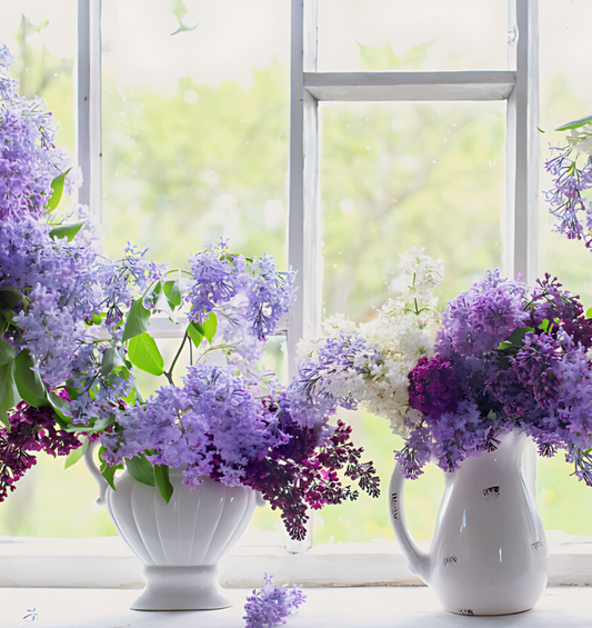  Vases de lilas devant une grande fenêtre lumineuse comme représentation visuelle de l'huile parfumée True Lilac disponible chez Village Craft and Candle