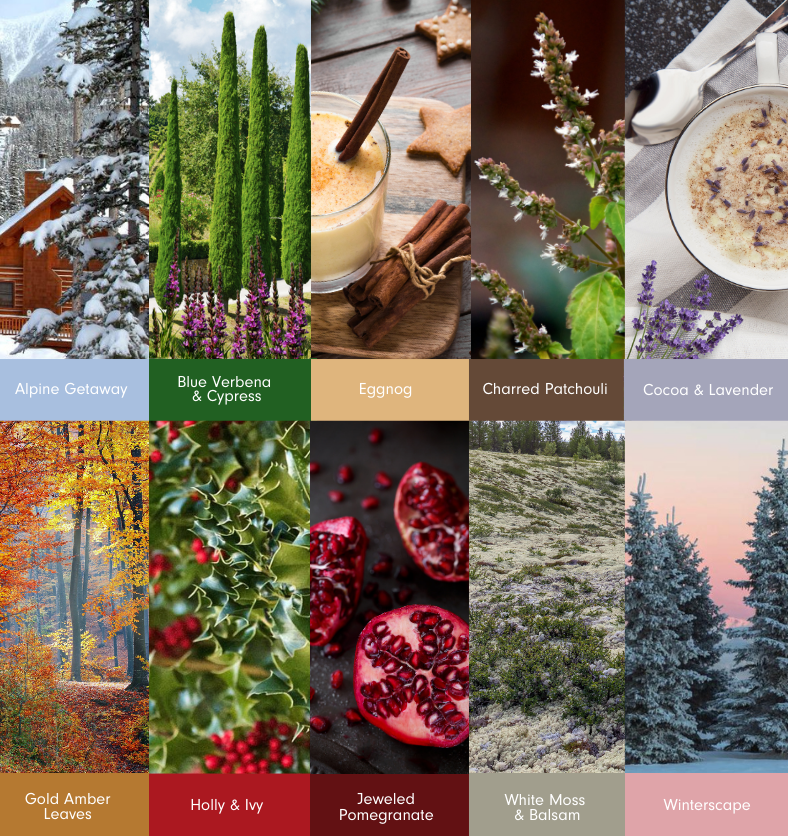 Collage of ten colourful enticing images as a visual representation of Winter Fragrance Explore Kit  available at Village Craft and Candle || Collage de dix images colorées et attrayantes comme représentation visuelle du kit Winter Fragrance Explore disponible chez Village Craft and Candle.