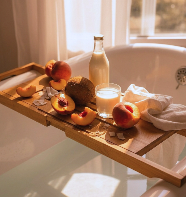  Une scène de baignoire chaleureuse et ensoleillée présentant un plateau en bois avec des nectarines fraîches tranchées, une noix de coco entière et une bouteille de lait de coco crémeux, représentant l'Huile Parfumée Lait de Coco et Nectarine.