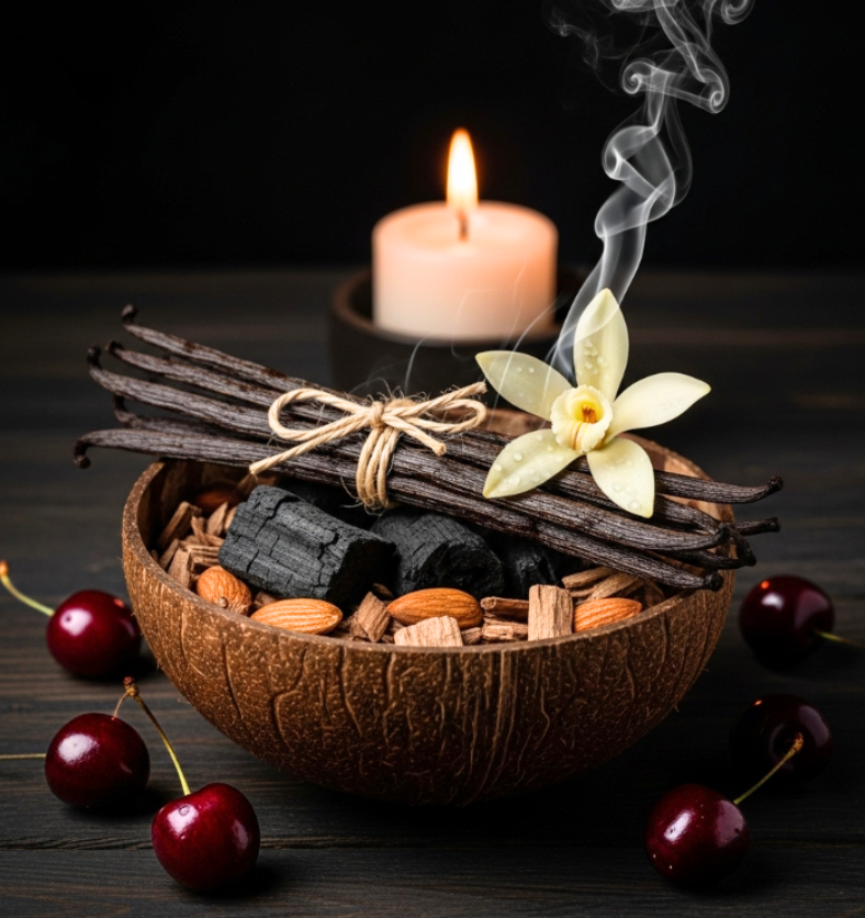 Vanilla Emberwood Fragrance Oil represented by vanilla beans, almonds, wood, and charcoal in a bowl with cherries and a lit candle, evoking a smoky vanilla aroma. || Huile parfumée Vanilla Emberwood représentée par des gousses de vanille, des amandes, du bois et du charbon dans un bol avec des cerises et une bougie allumée, évoquant un arôme de vanille fumé.
