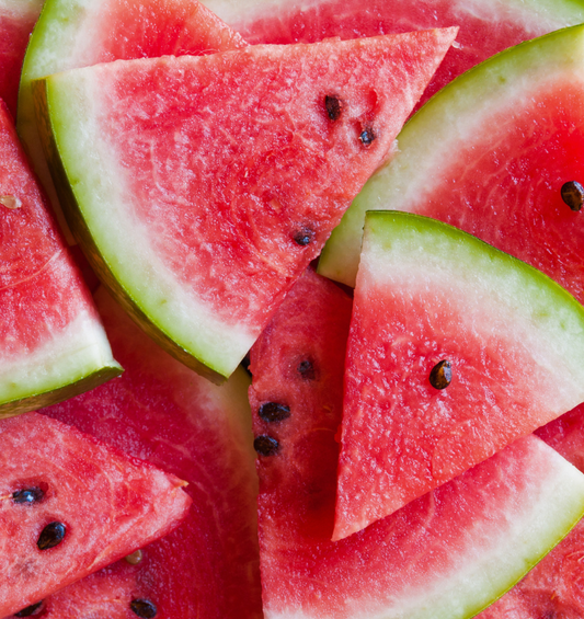 Bed of sliced watermelon as a visual representation of Watermelon Wedges Fragrance Oil available at Village Craft and Candle 