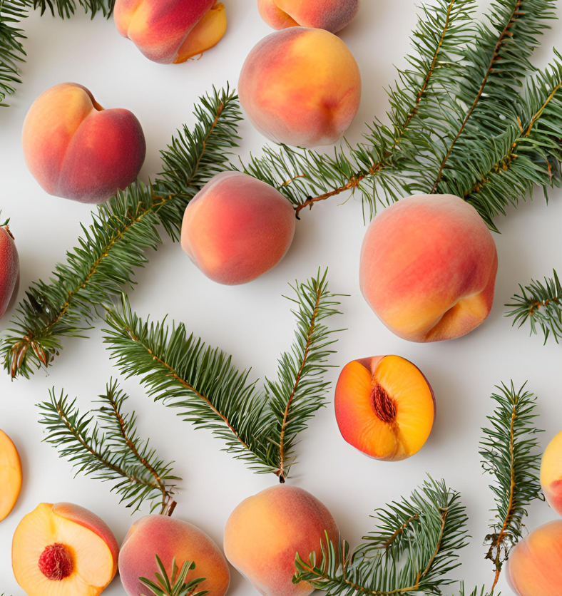 Peaches with white fir scattered on counter as a visual representation of White Fir & Peach Fragrance Oil available at Village Craft and Candle || Pêches avec du sapin blanc éparpillés sur le comptoir comme représentation visuelle de l'Huile parfumée Sapin Blanc & Pêche disponible chez Village Craft & Candle.