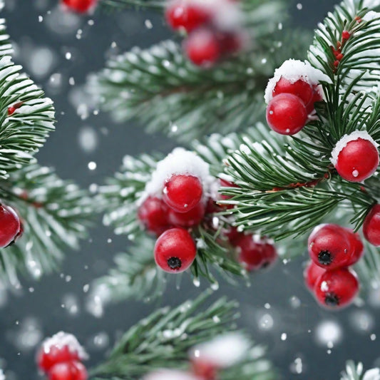 Baies de pin couvertes de neige rouge en hiver comme représentation visuelle de l'huile parfumée Winterberry disponible chez Village Craft and Candle