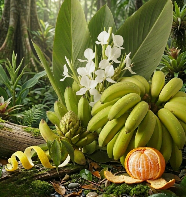 A lush jungle scene featuring bunches of green bananas, white ginger lily flowers with large leaves, a peeled orange, and a lemon twist on a mossy log, representing Young Banana & Ginger Lily Fragrance Oil. 