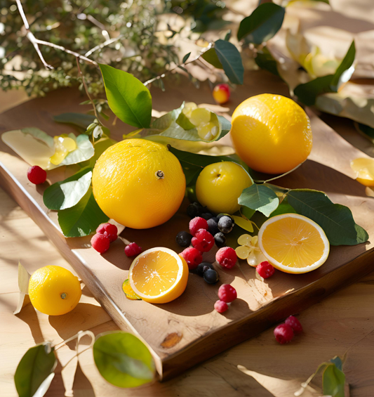 Image of whole & sliced Yuzu fruits with wild berries to represent Village Craft & Candle's Yuzu Blush Fragrance Oil 