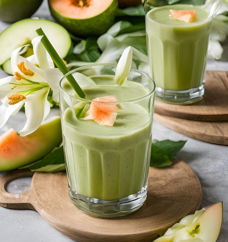 cucumber melon smoothies with apple slice and white lillies on the counteras a visual representation of Cucumber Melon Fragrance Oil available at Village Craft and Candle || Collection de smoothies aux fruits et à l'avocat avec une variété de garnitures comme représentation visuelle de l'huile parfumée de concombre et de melon disponible chez Village Craft and Candle