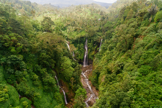  Vue aérienne d'une forêt traversée par une cascade et une rivière. comme représentation visuelle de l'huile parfumée Clean Terrain disponible chez Village Craft and Candle