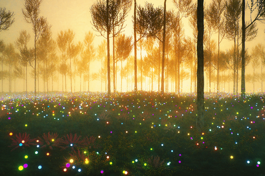  Forêt clairsemée avec des lumières colorées sur le sol de la forêt et une grande lueur jaune en arrière-plan comme représentation visuelle de l'huile parfumée Summer Twilight disponible chez Village Craft and Candle.