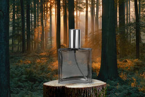 Clear glass cologne bottle sitting on top of a tree stump with a forest at sunset in the background ||  Bouteille de cologne en verre clair assis au sommet d'une souche d'arbre avec une forêt au coucher du soleil en arrière-plan